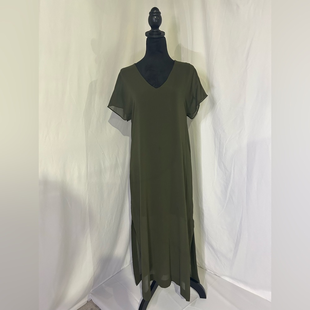 Olive Green V neck Chiffon Maxi Dress Zara XS